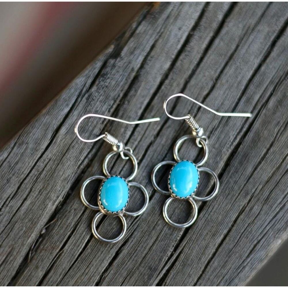 Navajo Sterling Silver Sleeping Beauty Turquoise Earrings | Four Circle Dangle